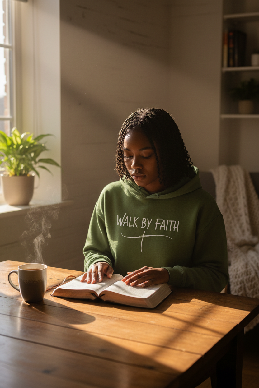 Woman wearing faith scripture hoodie at morning devotional with Bible and coffee