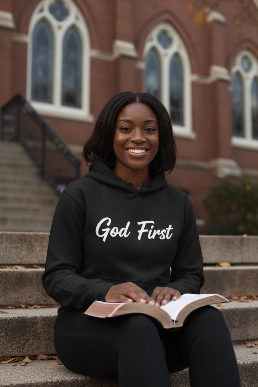 Woman sitting on church steps wearing God First faith hoodie with Bible in lap